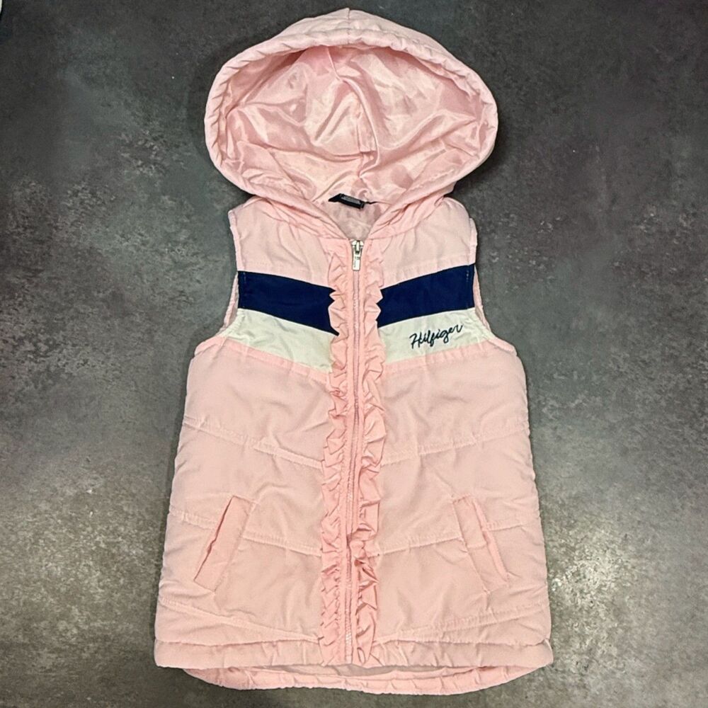 Tommy Hilfiger Hooded Puffer Vest Pink Ruffle Zipper Navy Stripe 4T